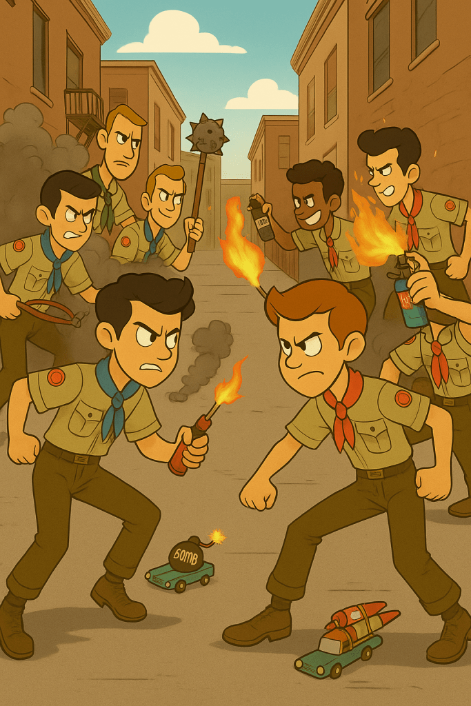 In every scout’s career, it’s inevitable they attend some large scale multi-troop event. It could be the national Jamboree, World Jamboree or and all district summer camp.
Usually these vents are great, with scouts from all walks of life get together to celebrate and have a a good time.

But every once in a while, when you mix large gatherings of teen boys and girls, there are bound to be personality clashes. Sure, they can try to talk it out like the good citizens they are training to be. But sometimes talk doesn’t work. Sometimes, just once or twice in every scout’s career, it takes a good old fashioned rumble to get things settled. We’re talking West Side Story Jets vs Sharks throwdown behind the Arts and Crafts building at midnight.
