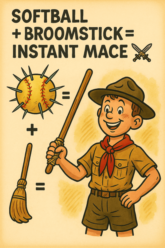 Every Scout knows knots.  Now put those scout craft skills to good use.  Lash a softball to a broomstick and your a Viking Berserker ready to hit the field of battle. You’ve invented a “multi-purpose camp tool” that definitely won’t get past inspection. But it will get you instant credibility with the troop.