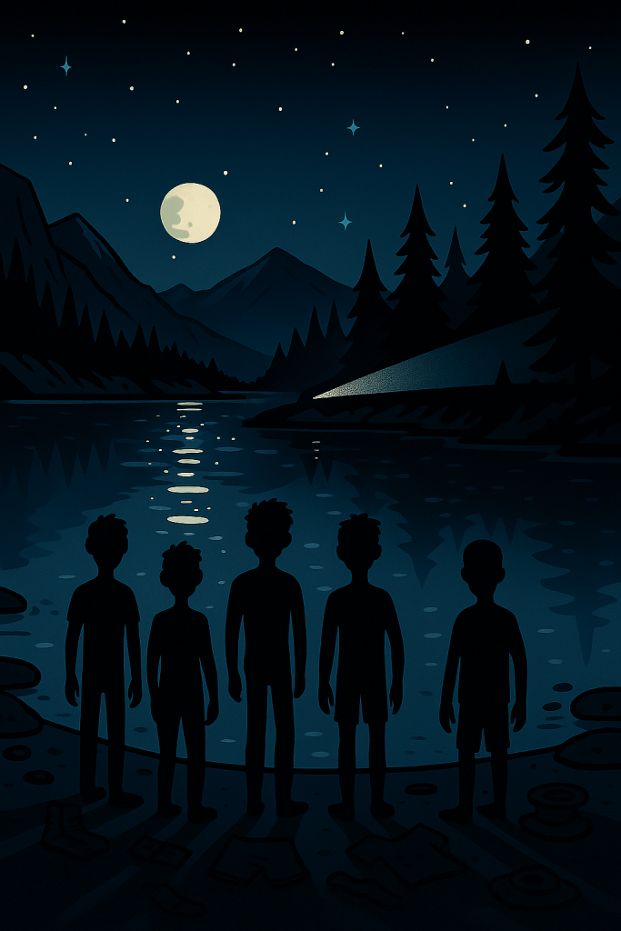 The midnight secret: a hidden lake, scattered clothes, and a flashlight beam that meant trouble was closing in.

Cartoon-style illustration of a hidden mountain lake at night in Olympic National Park. Four boy scout silhouettes stand at the water’s edge with their clothes and boots left on the shore. A flashlight beam shines through the trees, hinting at someone approaching.
