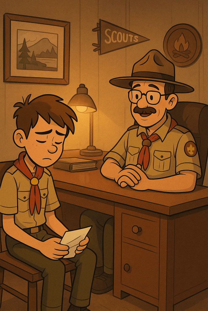 Teen Scout holding a letter looks down while Scoutmaster encourages him in office setting.