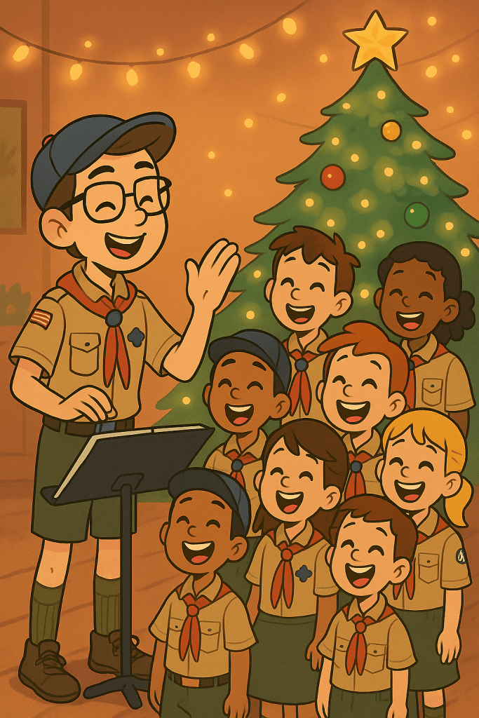 Teen Scout conducts choir of Scouts singing at Christmas tree lighting with festive lights.