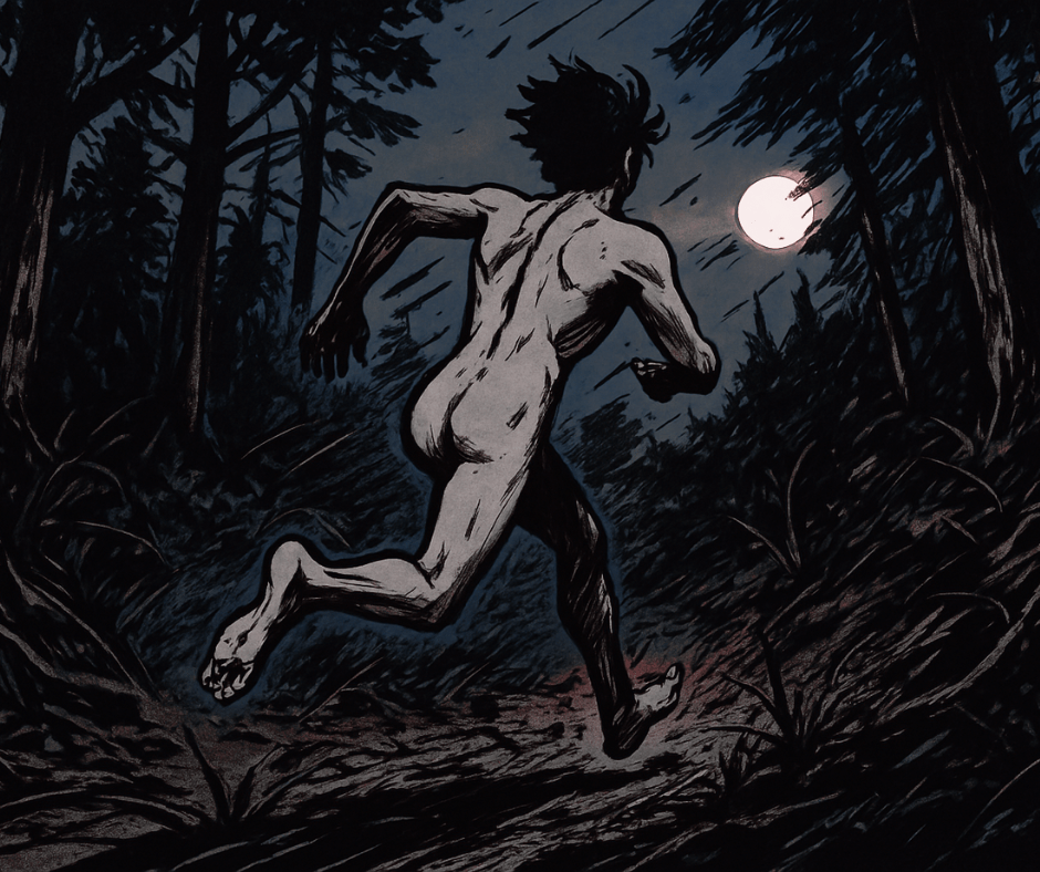 A dynamic, comic book-style illustration capturing the chaos and urgency of a the silhouette of young male protagonist (late teens) wearing no clothes sprinting  through a dense national park at dusk. Running away from the camera.  The environment is rugged with towering trees, tangled underbrush, and scattered moonlight filtering through the canopy. The art style is bold and dramatic, with strong ink outlines, exaggerated motion lines, and a slightly punk rock aesthetic. The scene should feel high-energy and suspenseful, as if straight out of an action-packed YA adventure comic. Vibrant colors with a mix of cool tones for the background and warmer tones on the character to create contrast."