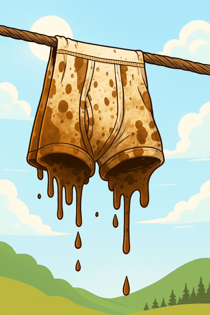 Cartoon of Scouts laughing and pointing up at a pair of underwear labeled “PROPERTY OF KYLE KELLY” stuck on a power line outside their high school gym.