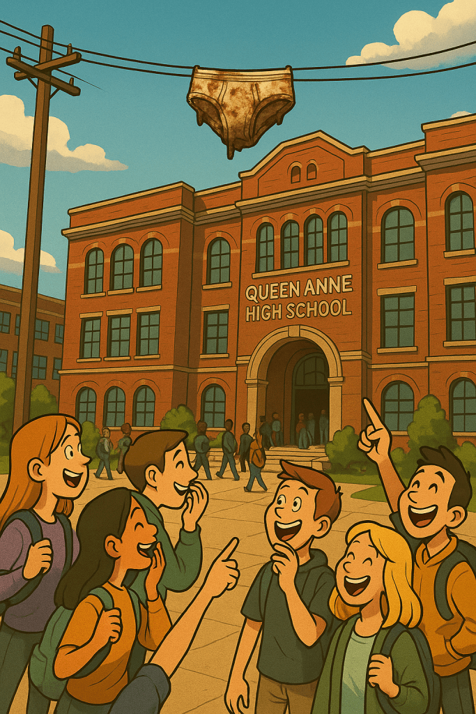 Cartoon of Queen Anne High School courtyard with students pointing and laughing at underwear hanging from a power line overhead.