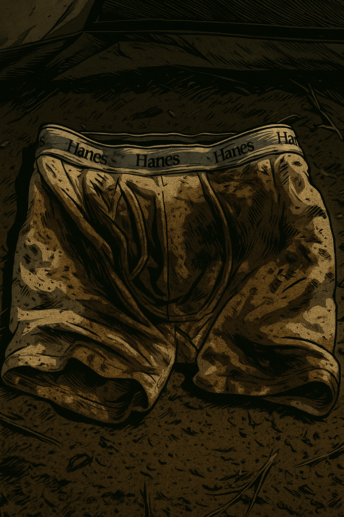 
a wet muddy pair of shorts crumpled up on the floor of a tent