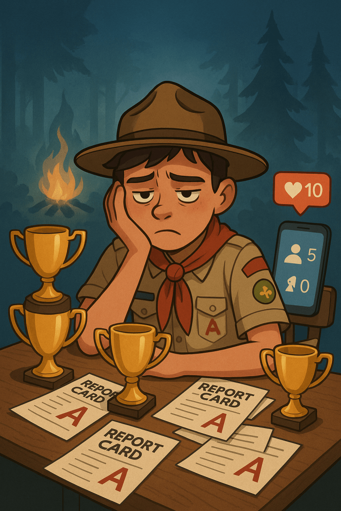 Teen Scout overwhelmed by trophies and social media notifications, with a faint forest in the background. Illustration showing the pressure of modern youth achievement culture, contrasting childhood freedom with constant competition.