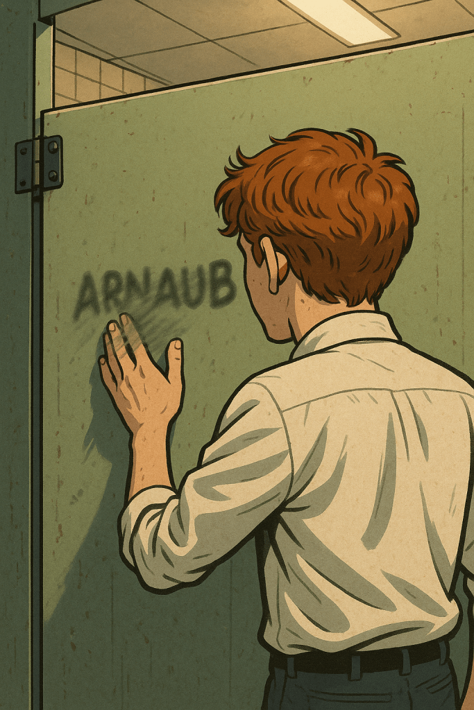 Hand scrubbing blurred bathroom graffiti on a painted stall door.