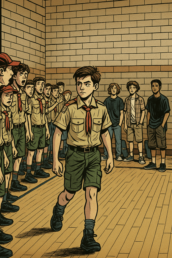 Adam steps out of the Red Devils line and walks across the room to join the misfit patrol.