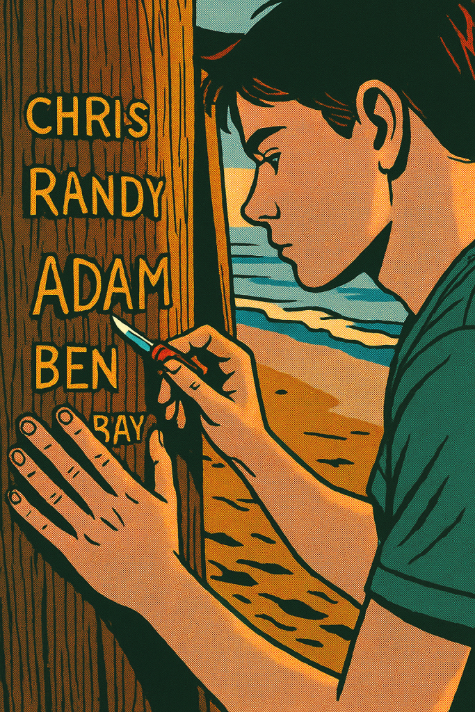 Adam carves his name into the old Breakers Beach pier pylons along with generations of other Navy kids.